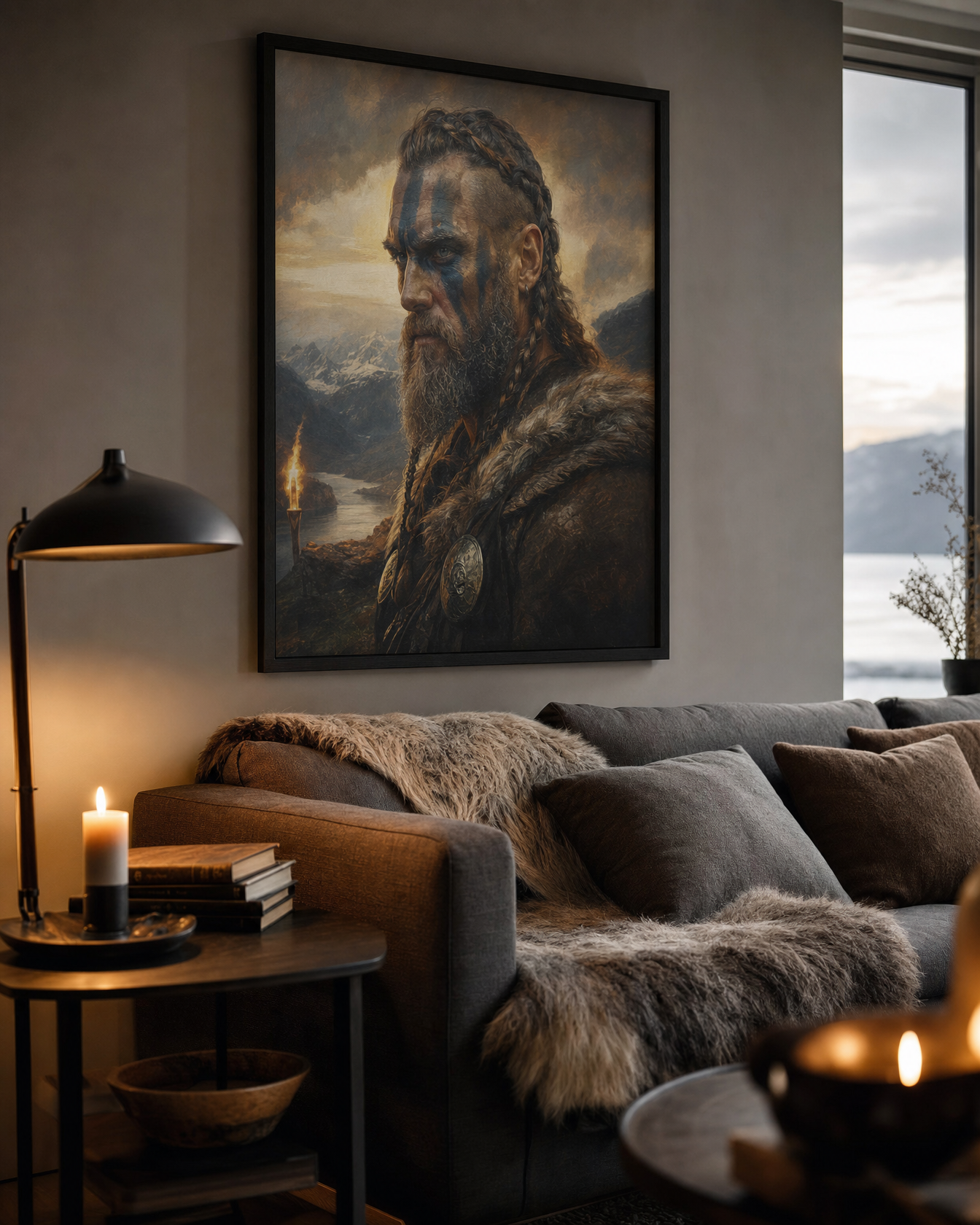 Viking portrait poster in a slim black frame above a sofa