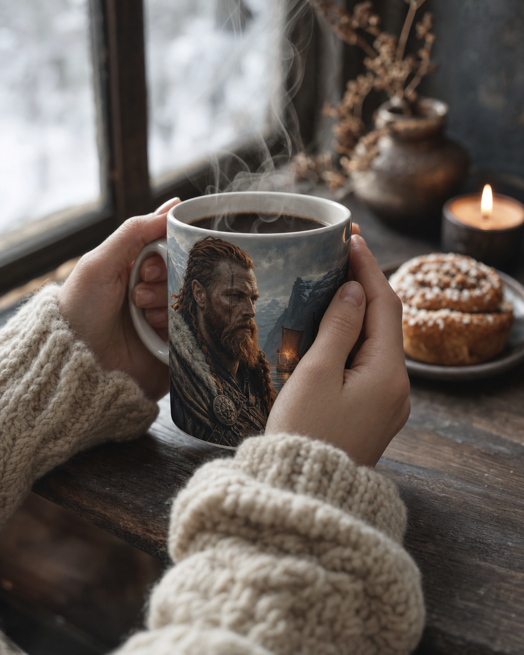 Viking portrait mug held in two hands by a snowy window