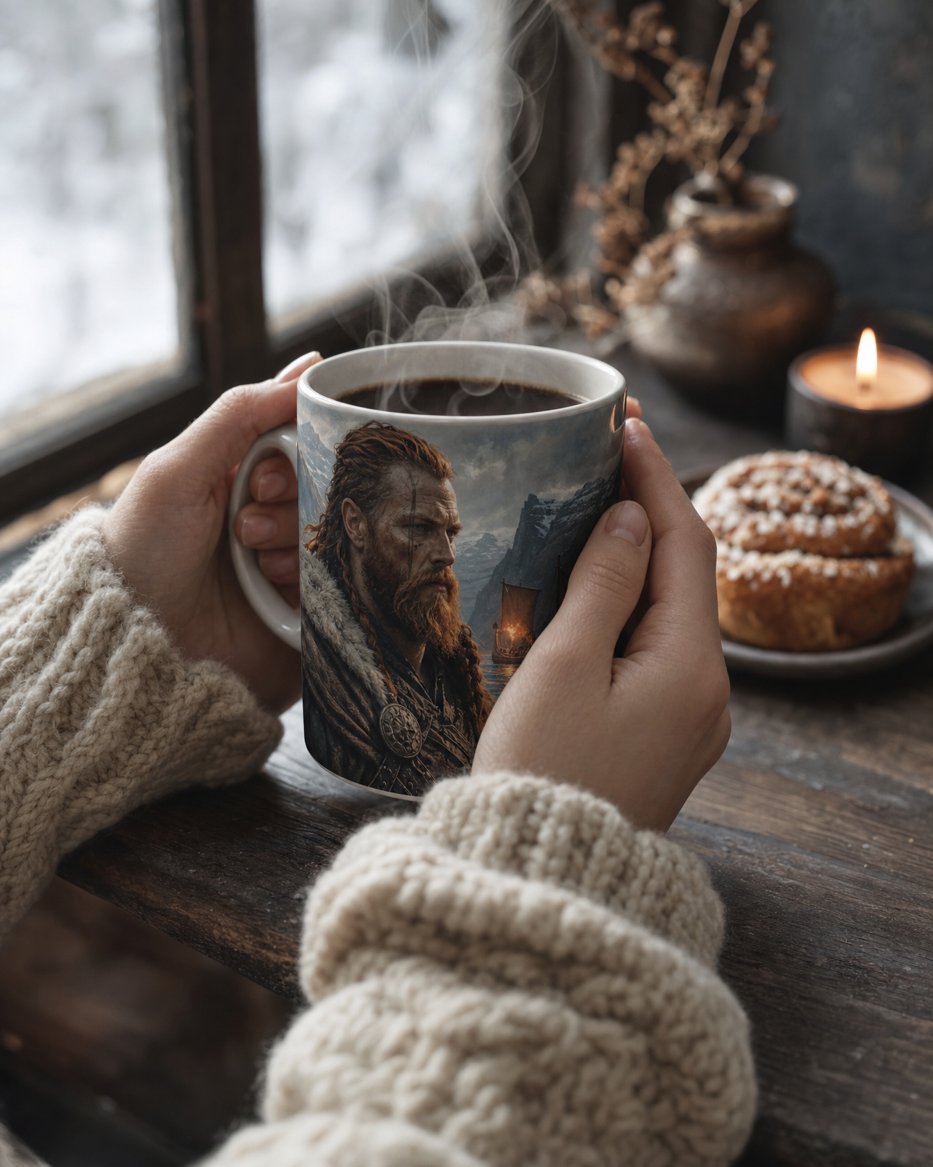 Viking portrait mug held in two hands by a snowy window