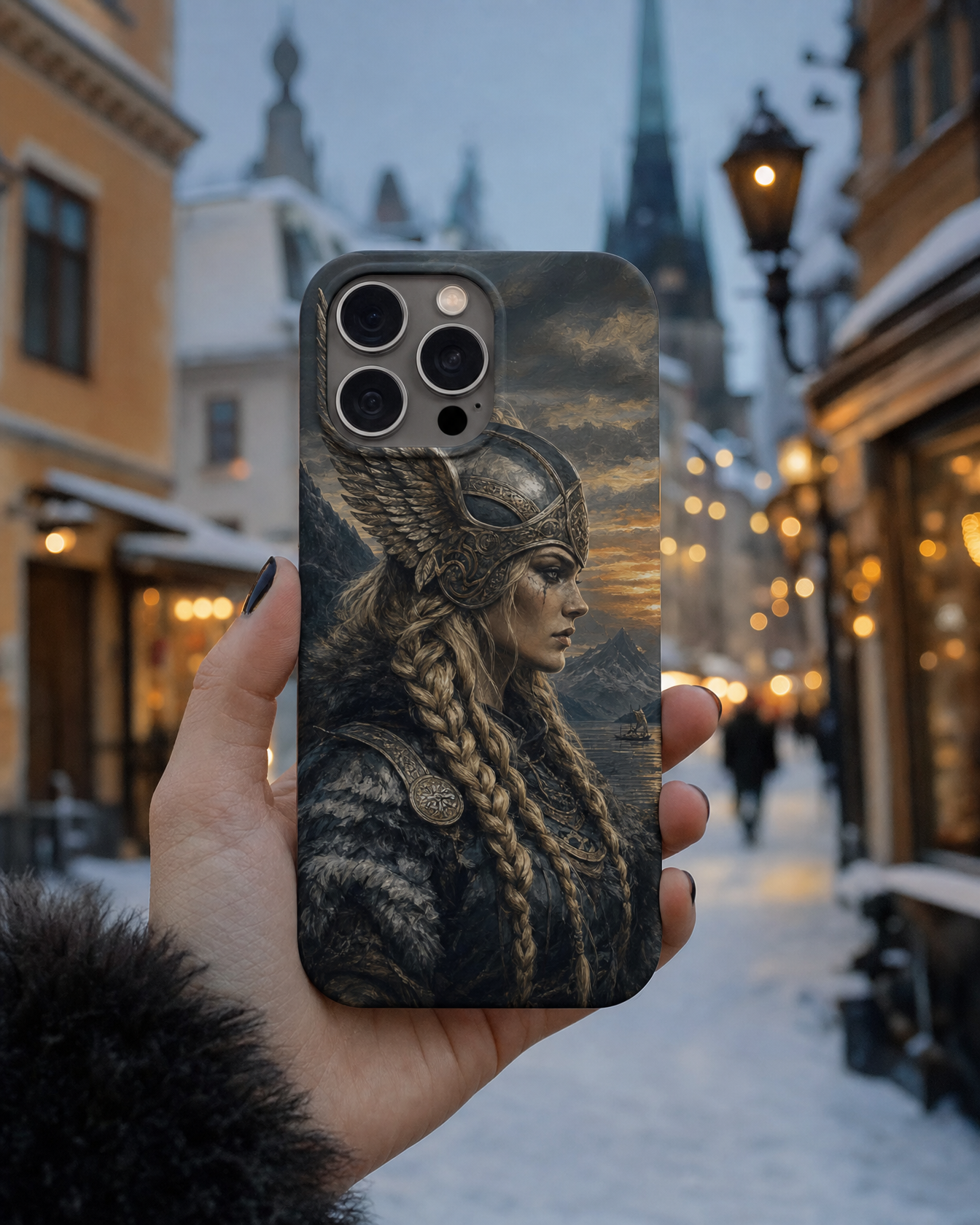 Viking portrait phone case held up on a snowy street