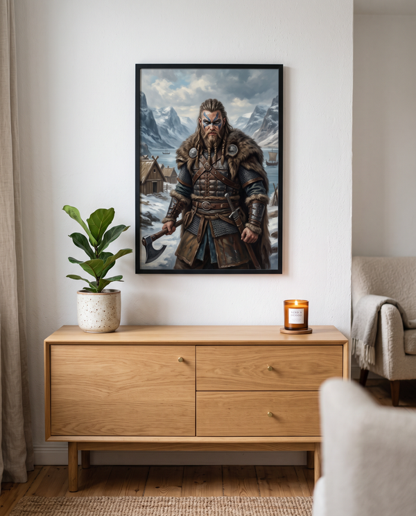 Framed Viking portrait poster on a wall